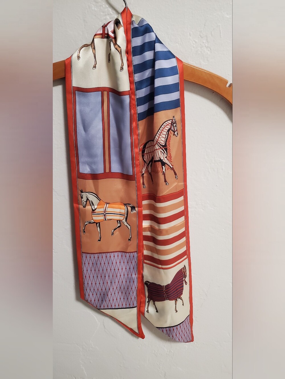 Silk-Feel Horse Print Scarf in Orange and Blue